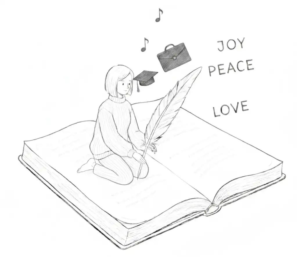 Illustration showing character writing in a book.