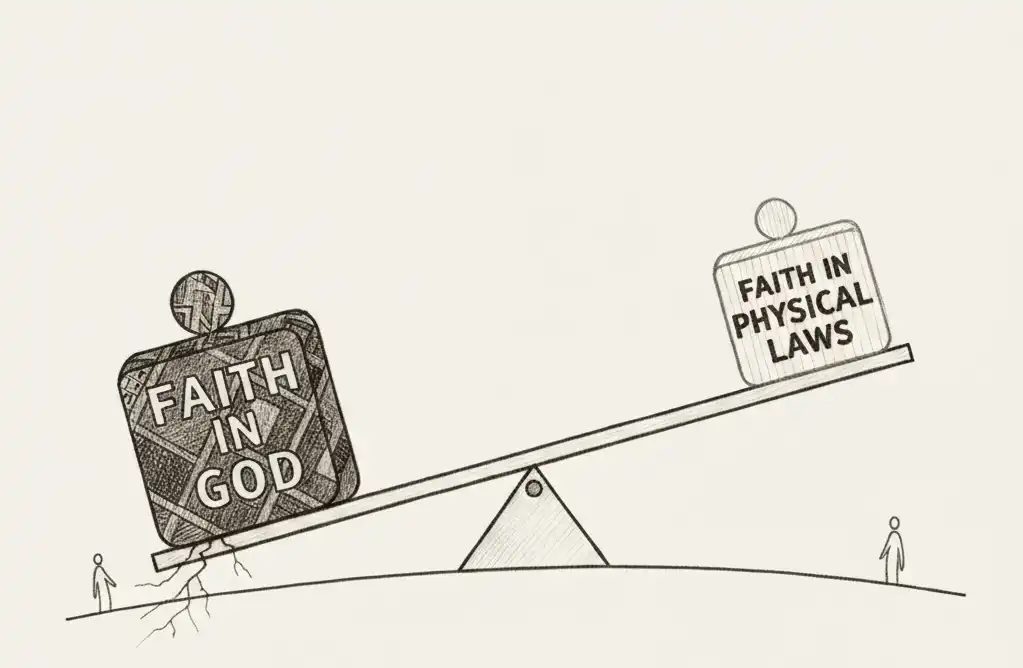 Illustration comparing faith in God to faith in physical laws.